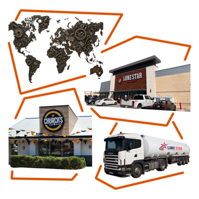 World map formed from rusted mechanical parts connected by orange lines to a Lone Star Market, Church's Texas Chicken, and Lone Star Petroleum truck.